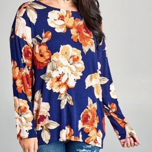 Long Sleeve Navy Floral Open Back Twist Top Floral